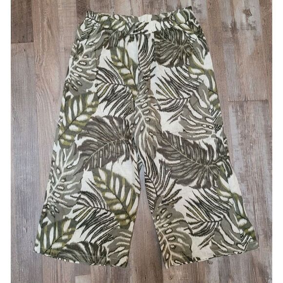 TAHARI Floral Cropped Wide-Leg Linen Pull On Pants Women’s Size Medium Pockets - Picture 2 of 8